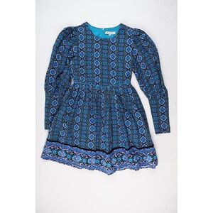 Ro's Garden Mini Dress Blue Floral Geometric Long Sleeve XS Cotton
